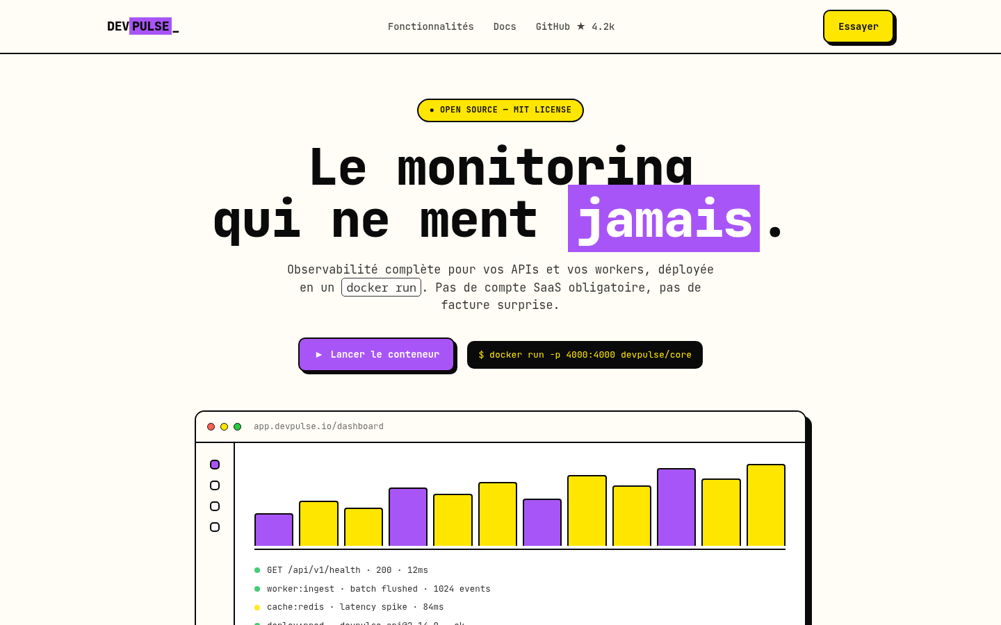 Aperçu de DevPulse, style Néo-Brutalisme